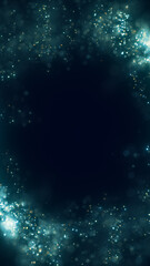 Obraz premium Dark teal abstract background with glowing golden particles, soft bokeh, and elegant copy space for festive designs.