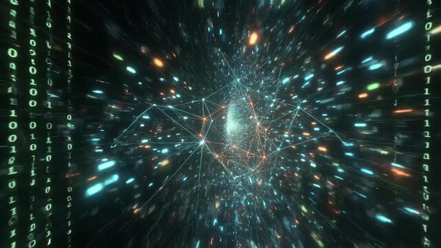 Binary code tunnel with glowing lights in futuristic style on dark background, concept of data flow and cybersecurity