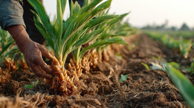 Organic turmeric farm bathed in golden light with neat rows of plants and exposed orange rhizomes