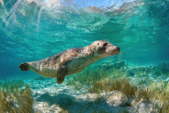 Mediterranean monk seal diving in turquoise waters off G&Atilde;&para;kova Bay, Turkey