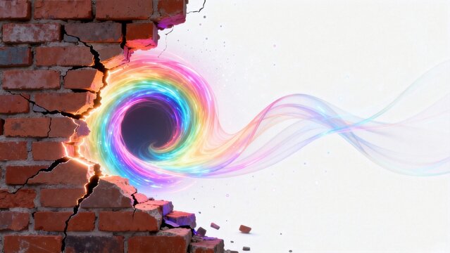 Colorful vortex emerging from brick wall