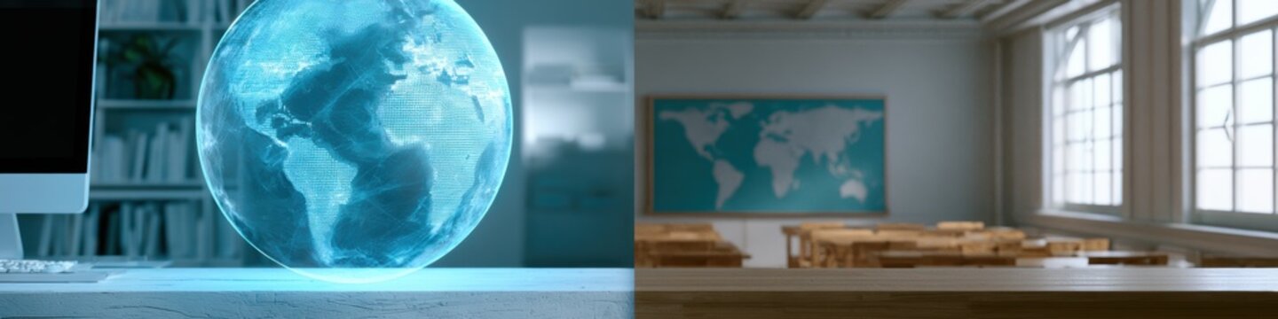 contrasting educational methods, ai homeschooling with world map hologram and remote learning vs traditional classroom and fixed geography, futuristic vs classic, freedom vs limitation