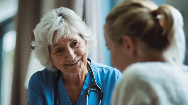 Elderly nurse speaking with patient in clinic