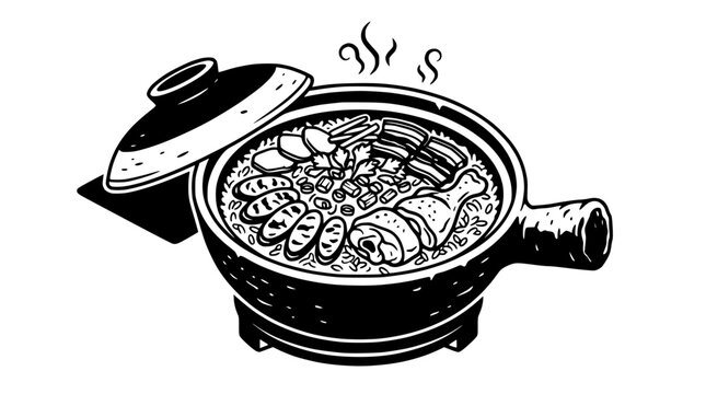 Steaming Japanese nabe hot pot bowl black white illustration.