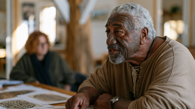 Polynesian man discussing the cultural significance of his facial tattoo with a respectful researcher at a community center table, archival photographs of ancestral patterns