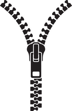 Black and white zipper icon silhouette, partially open fastener vector illustration for fashion and sewing design