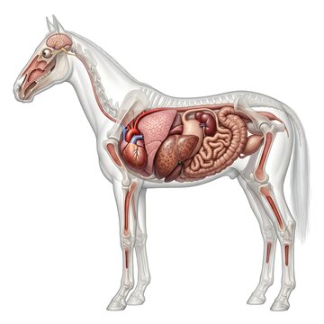 Internal organ anatomy of horse displayed within translucent body showing brain heart and intestines.
