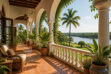 Obraz premium Colonial veranda overlooking tropical river and palm landscape