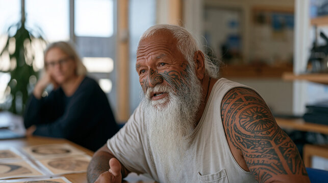 Polynesian man discussing the cultural significance of his facial tattoo with a respectful researcher at a community center table, archival photographs of ancestral patterns