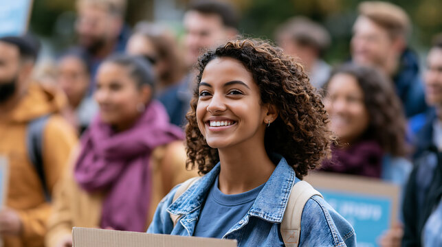 young man standing among crowd of protesters holding signs representing social justice movement and activism demonstration