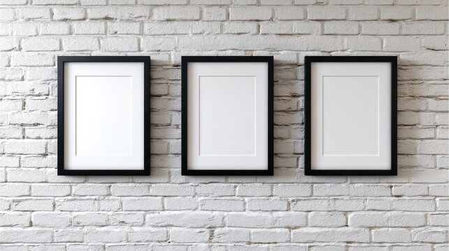 Photorealistic Mockup of Three Horizontal Frames, Blank Interiors, Black Borders, Neutral Brick Wall
