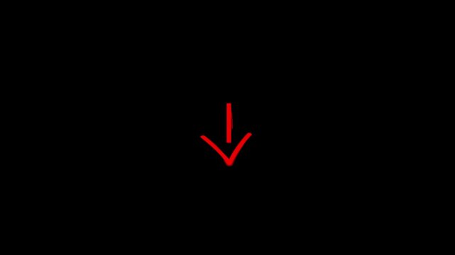 Hand-drawn red arrow icon brush stroke, downloading arrow sign drawn with marker on transparent background. on transparent background.