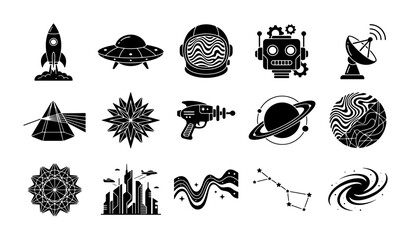 Retro space exploration icons set, 15 black vector elements featuring rocket ship and ufo, vintage sci-fi galaxy symbols for futuristic branding © Asset Aura