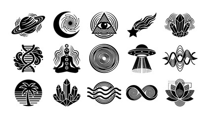 Esoteric mystical symbols set, 15 black and white spiritual icons, sacred geometry and celestial vector elements for occult branding © Asset Aura