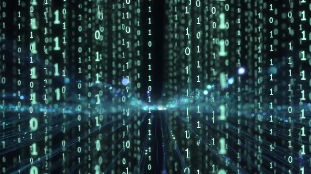 Binary digits cascading in glowing lines, digital style on dark backdrop, symbolizing data flow and cyber concepts