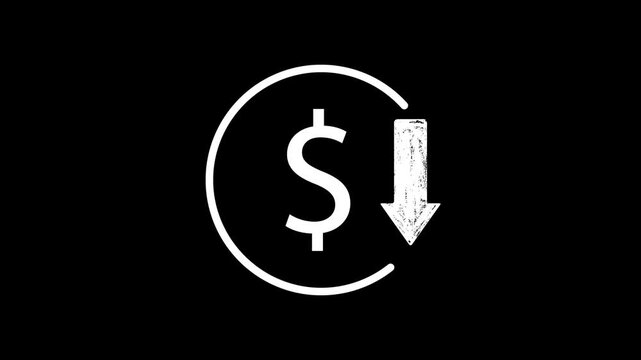 Animated white dollar sign icon with downward arrow, business recession concept, financial loss symbol, chalk style motion graphic on black background, isolated, commas.
