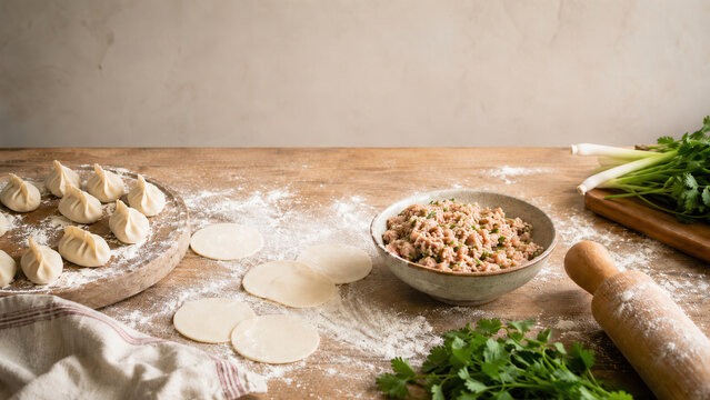 Preparazione di ravioli fatti a mano su tavolo rustico. Generative AI 