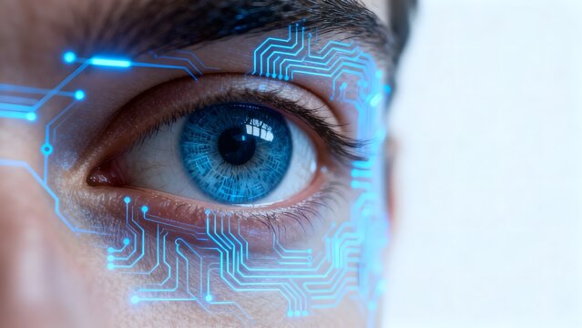Closeup of human eye with digital circuit overlay