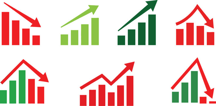 Set of bar chart icons with rising and falling arrows showing business growth and decline