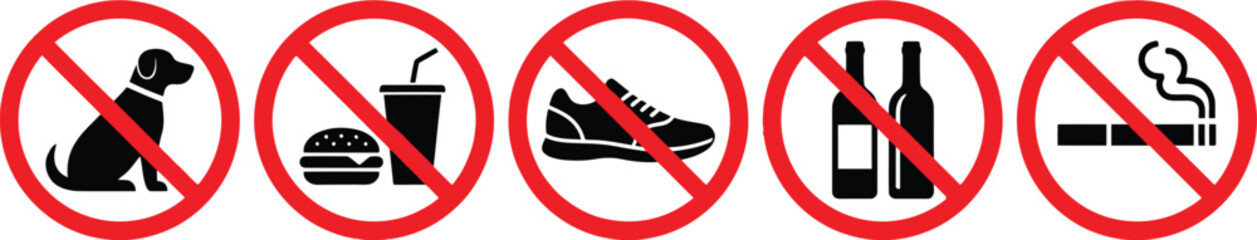 Set of five prohibition signs showing no dogs food shoes alcohol and smoking © Mst