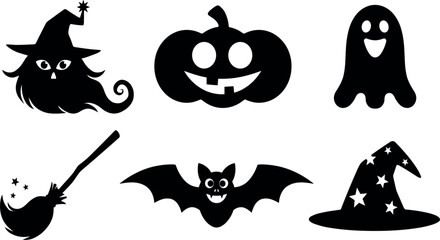Halloween silhouette collection with witch ghost pumpkin bat and magic broom, spooky vector icons set design © Puley
