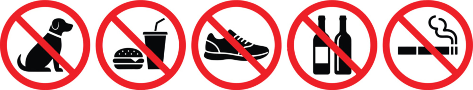 Set of five prohibition signs showing no dogs food shoes alcohol and smoking