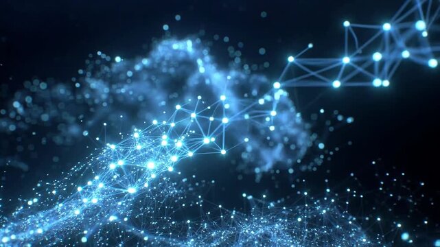 Glowing blue network of connected points shown in abstract style on dark background, concept of data flow and connectivity