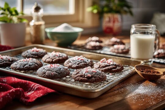 Homemade Chocolate Peppermint Cookies on a Cooling Rack in a Cozy Kitchen