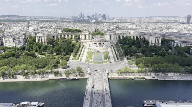 View from second floor of Eiffel Tower overlooking Trocad&eacute;ro gardens in Paris, France