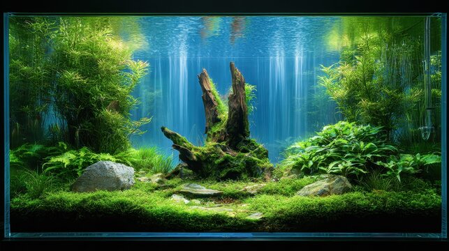 Nature-inspired aquascape with layered plants and textured rocks in a clear water aquarium