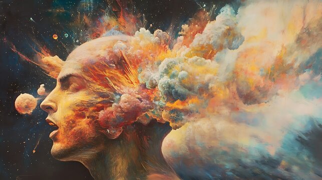 Abstract painting of a man's head exploding with vibrant colors and cosmic elements.