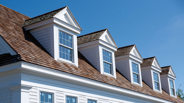 close up of house roof with three dormer windows and cedar shingles representing residential architecture and home design