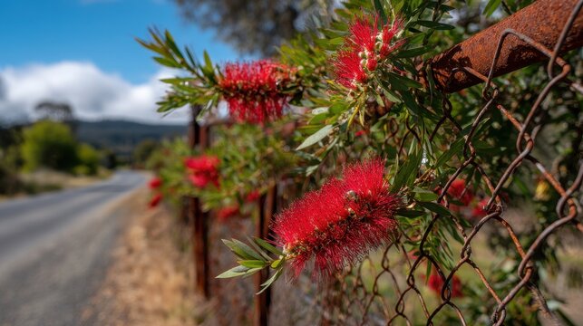 Blooming bottlebrush along a mesh fence by a rural roadside
