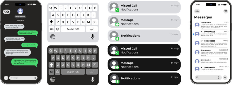 Apple iMessage style messaging interface, mobile chat notification list elements, sleek smartphone conversation screen design