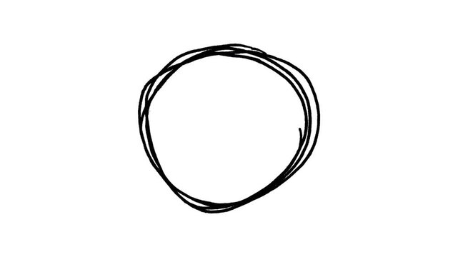 Black hand-drawn scribble circle animation, marker style highlight element, isolated on white background, focus indicator, professional motion graphic, creative sketch design, commas.
