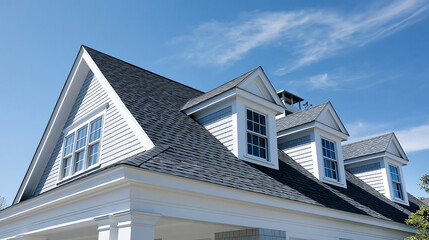 Obraz premium cedar shingle roof with white dormer windows against blue sky representing classic residential architecture and home exterior