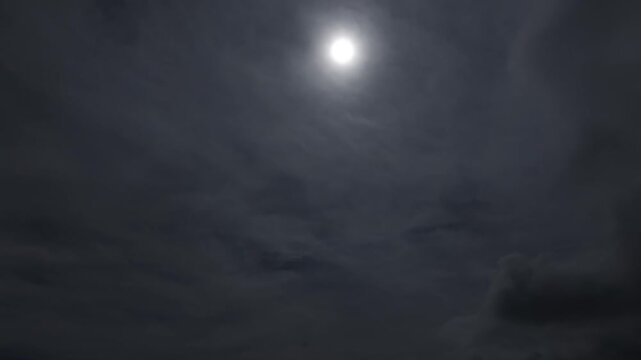 A dramatic timelapse video of a bright sun shining through dark overcast grey clouds as they move quickly across the sky, showcasing changing atmospheric weather conditions in nature.

