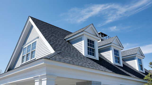 cedar shingle roof with white dormer windows against blue sky representing classic residential architecture and home exterior