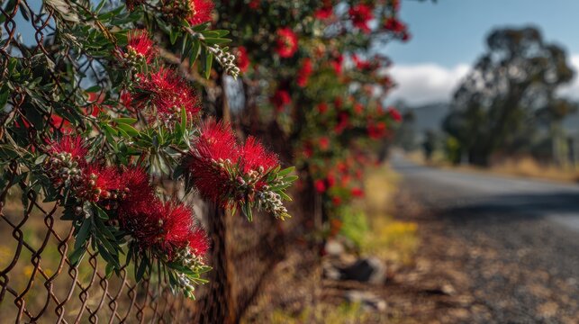 Australian native bottlebrush shrubs beside a roadside barrier