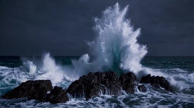 Chaotic waves batter rugged shoreline unceasingly, Violent sea currents pound uneven rocks with relentless force, Tempestuous waves fiercely strike jagged cliffs amid roaring turbulent waters.