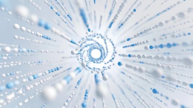 Flowing blue and white particles streak outward in an abstract style on a light background, conveying concepts of motion, energy, and technology