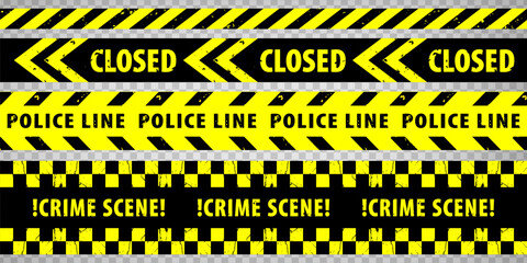 Naklejka premium Black and yellow police stripe border, Police Line, Crime Scene, Closed tapes set. Set of danger caution grunge tapes. Warning signs for your design on transparent background. EPS10