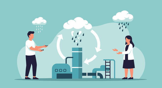 Sustainable water cycle management illustration: factory, rain, people, eco-friendly