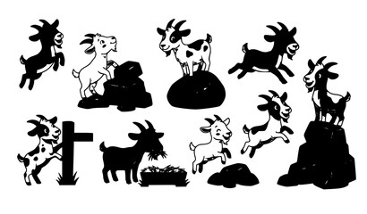 Fototapeta premium Funny Cartoon Goats in Playful Farm Action Poses Vector Collection