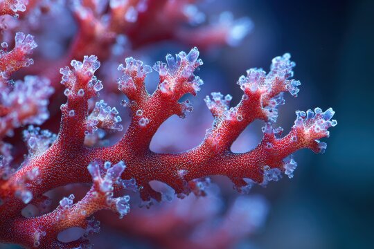 Detailed macro photograph of red Acropora coral with branching skeleton and tiny polyps