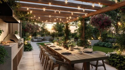 Fototapeta premium Cozy patio dining under a pergola with barbecue, ambient lighting and greenery