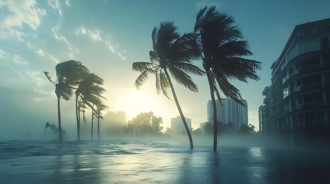 Coastal city sunrise during hurricane, palm trees bending in strong winds, buildings partially submerged in floodwaters.