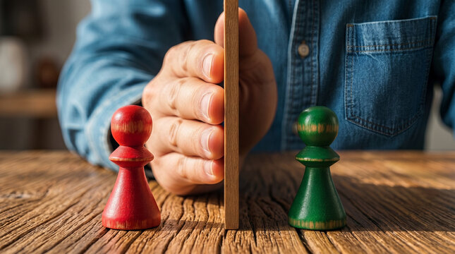 Human hand holding wooden divider between red and green pawn pieces on table with decision making, separation, conflict, business strategy, decision management, negotiation