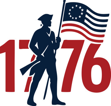 Patriotic 1776 United States Independence Day graphic with colonial soldier