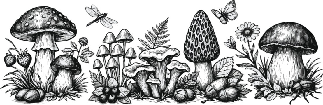 Isolated on set of mushrooms in the forest in the style of engraving. Agaric and white mushroom, mycena, chanterelles, morel surrounded by plants, berries, vector illustration on white background